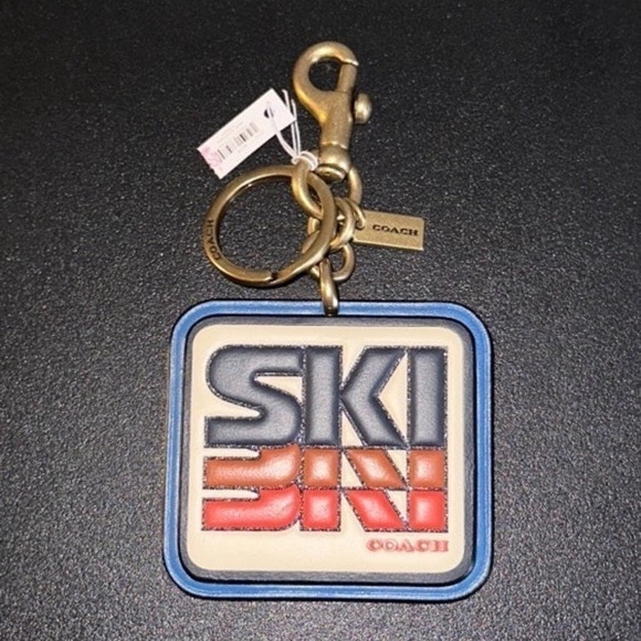 Coach Ski Patch Bag Charm Keychain Brass/Ivory/Orange Multi Smooth Leather NWT - Picture 2 of 12